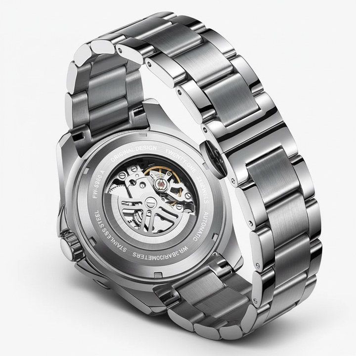 Silver watch with a detailed mechanical back on a white background