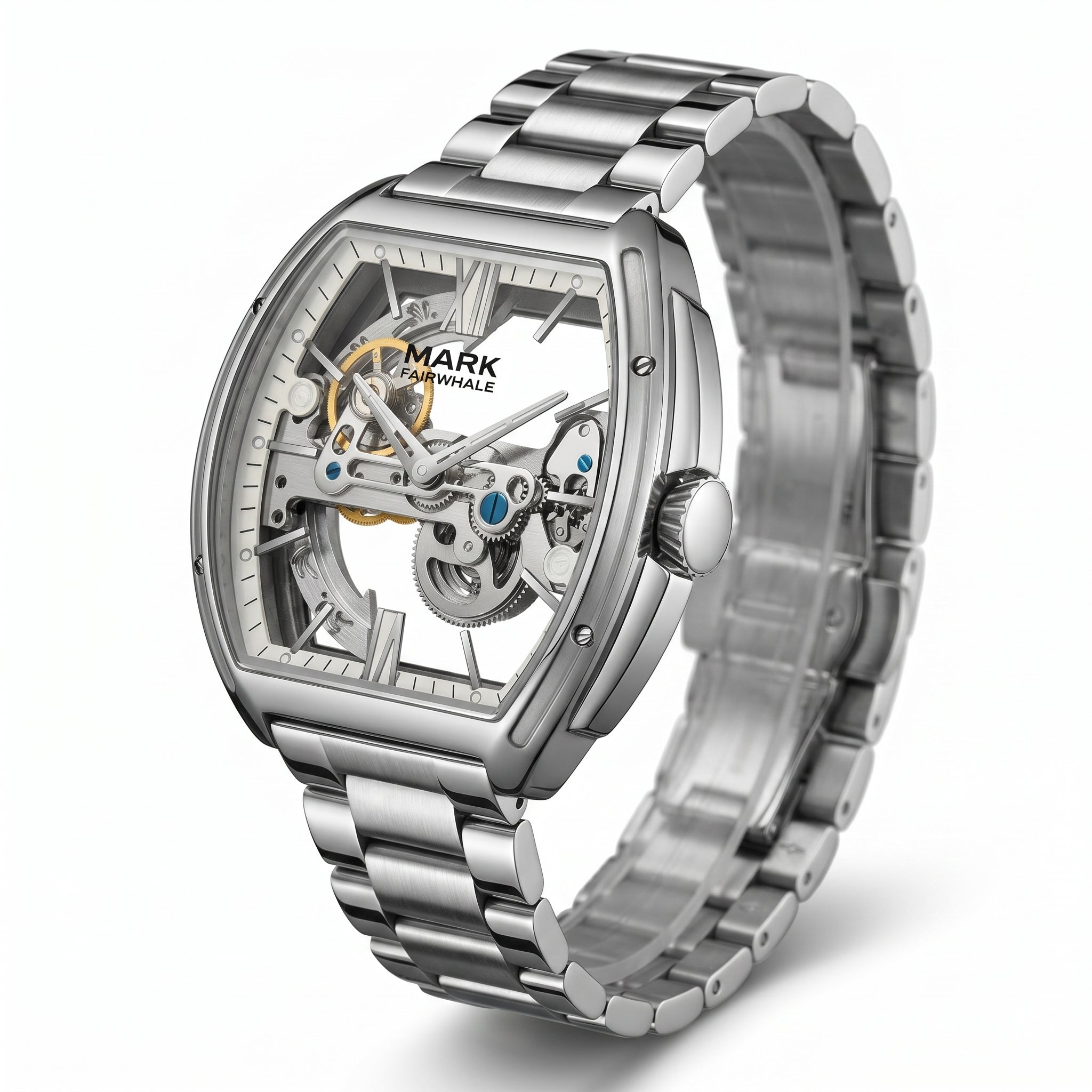 Silver watch with a detailed face on a white background
