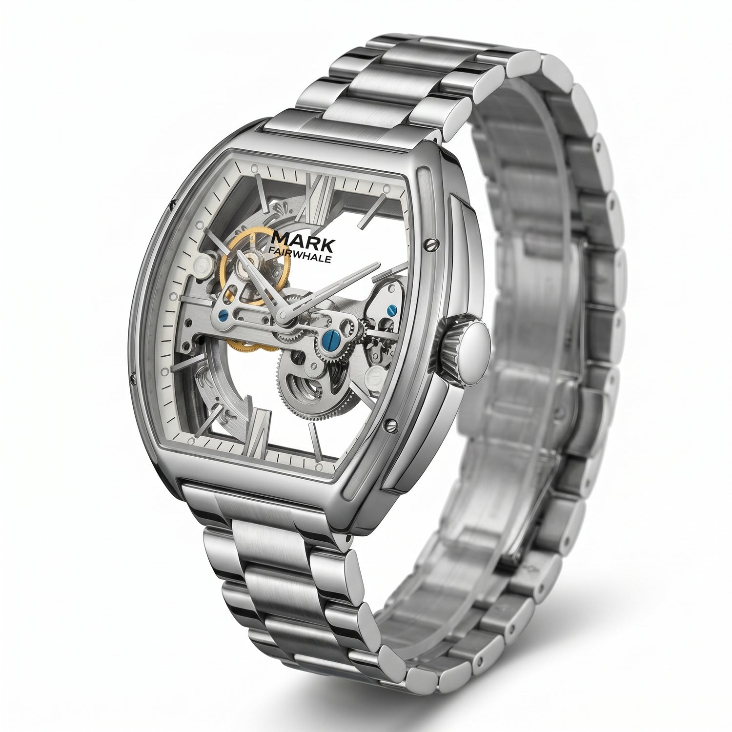 Silver watch with a detailed face on a white background