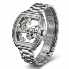 Silver watch with a detailed face on a white background