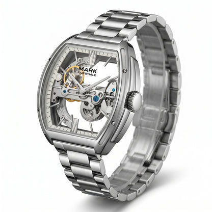 Silver watch with a detailed face on a white background