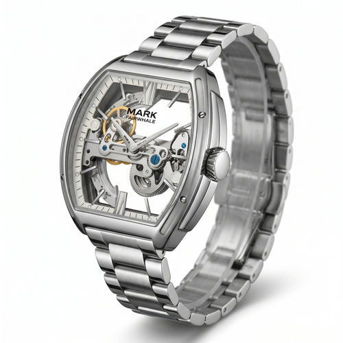 Silver watch with a detailed face on a white background