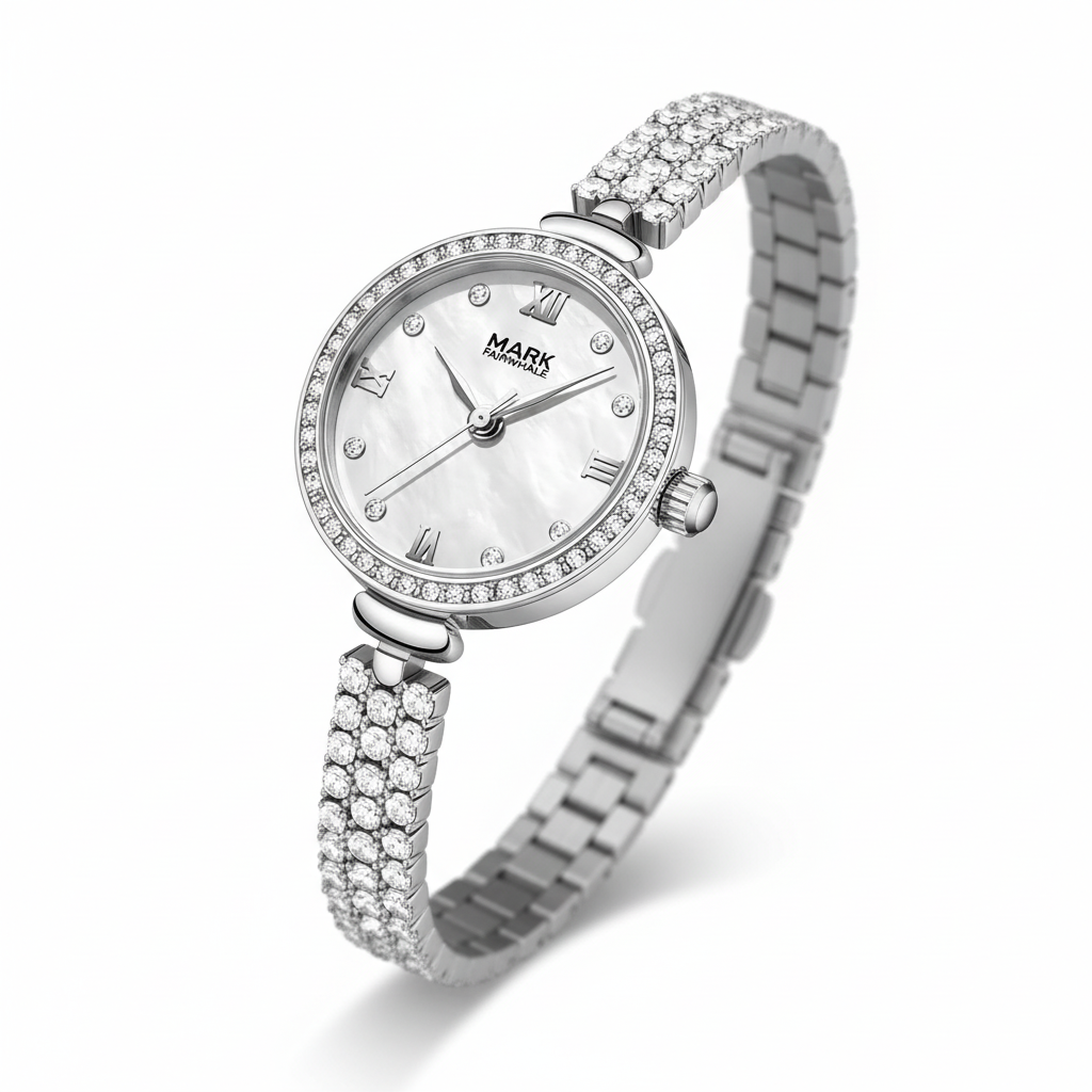 Silver watch with a decorative band on a white background
