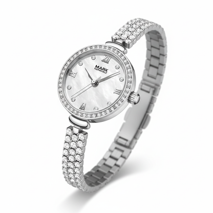 Silver watch with a decorative band on a white background