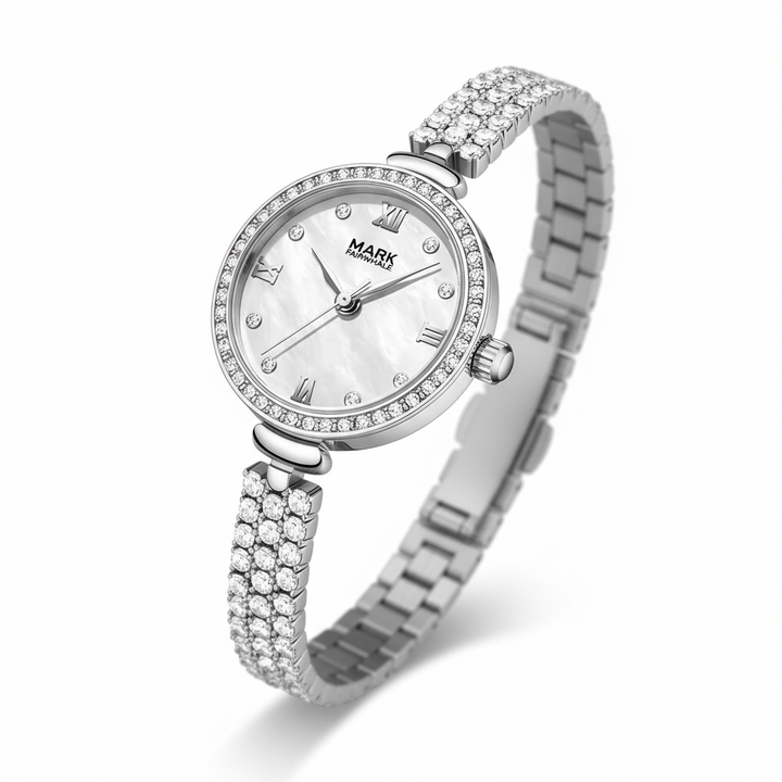 Silver watch with a decorative band on a white background