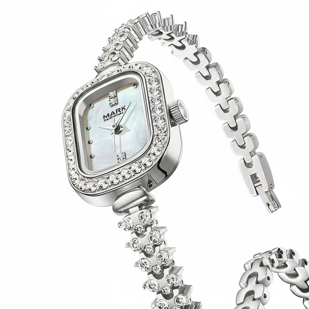Silver watch with a decorative chain strap on a white background