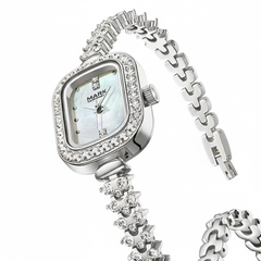 Silver watch with a decorative chain strap on a white background