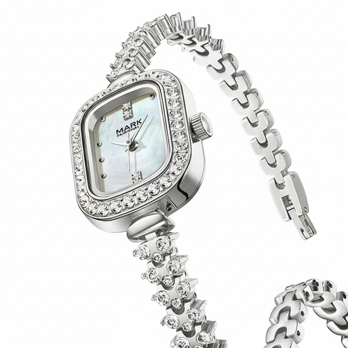 Silver watch with a decorative chain strap on a white background