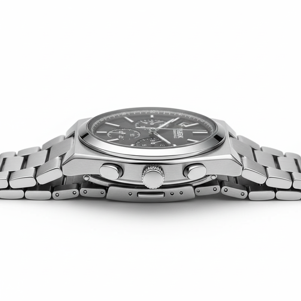 Silver watch with a detailed face on a white background