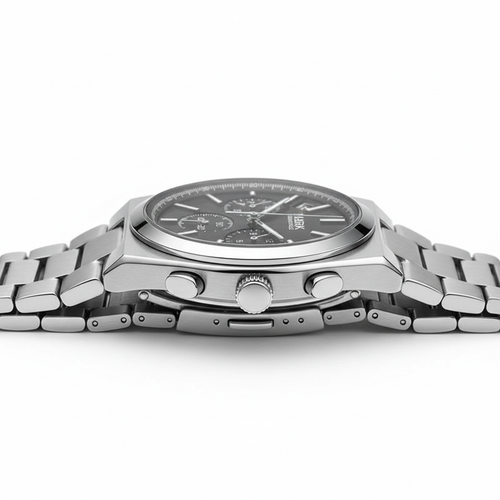 Silver watch with a detailed face on a white background