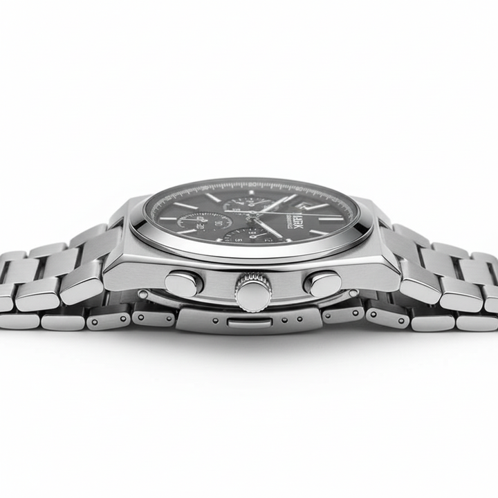 Silver watch with a detailed face on a white background