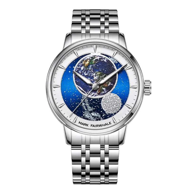 Silver watch with a detailed face on a white background