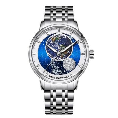 Silver watch with a detailed face on a white background