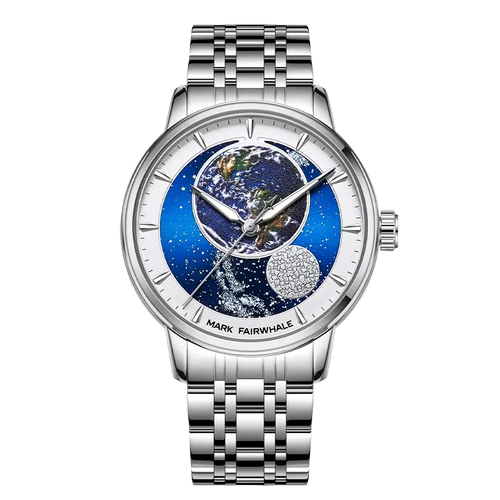 Silver watch with a detailed face on a white background