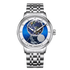 Silver watch with a detailed face on a white background