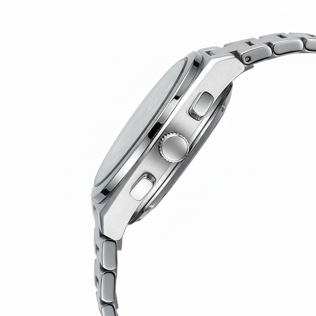 Silver watch with a detailed band on a white background