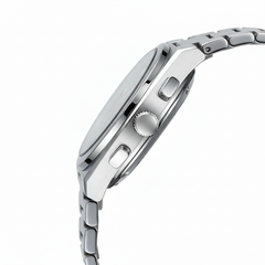 Silver watch with a detailed band on a white background