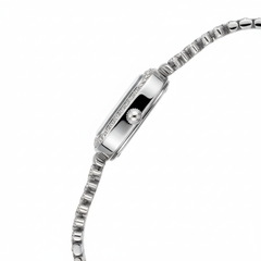 Silver watch with a detailed band on a white background