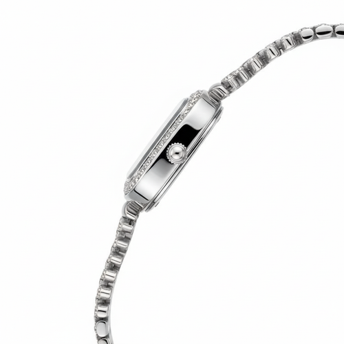 Silver watch with a detailed band on a white background