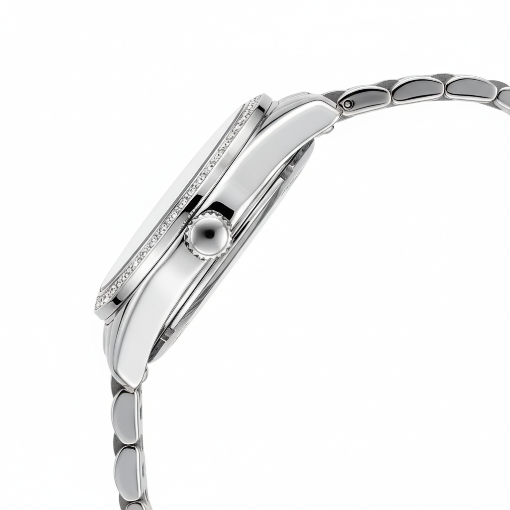 Silver watch with a detailed band on a white background
