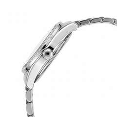 Silver watch with a detailed band on a white background