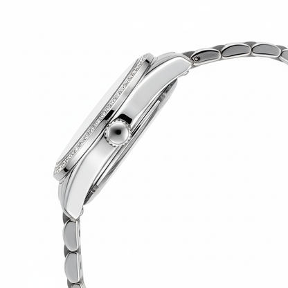 Silver watch with a detailed band on a white background