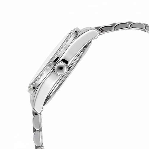Silver watch with a detailed band on a white background