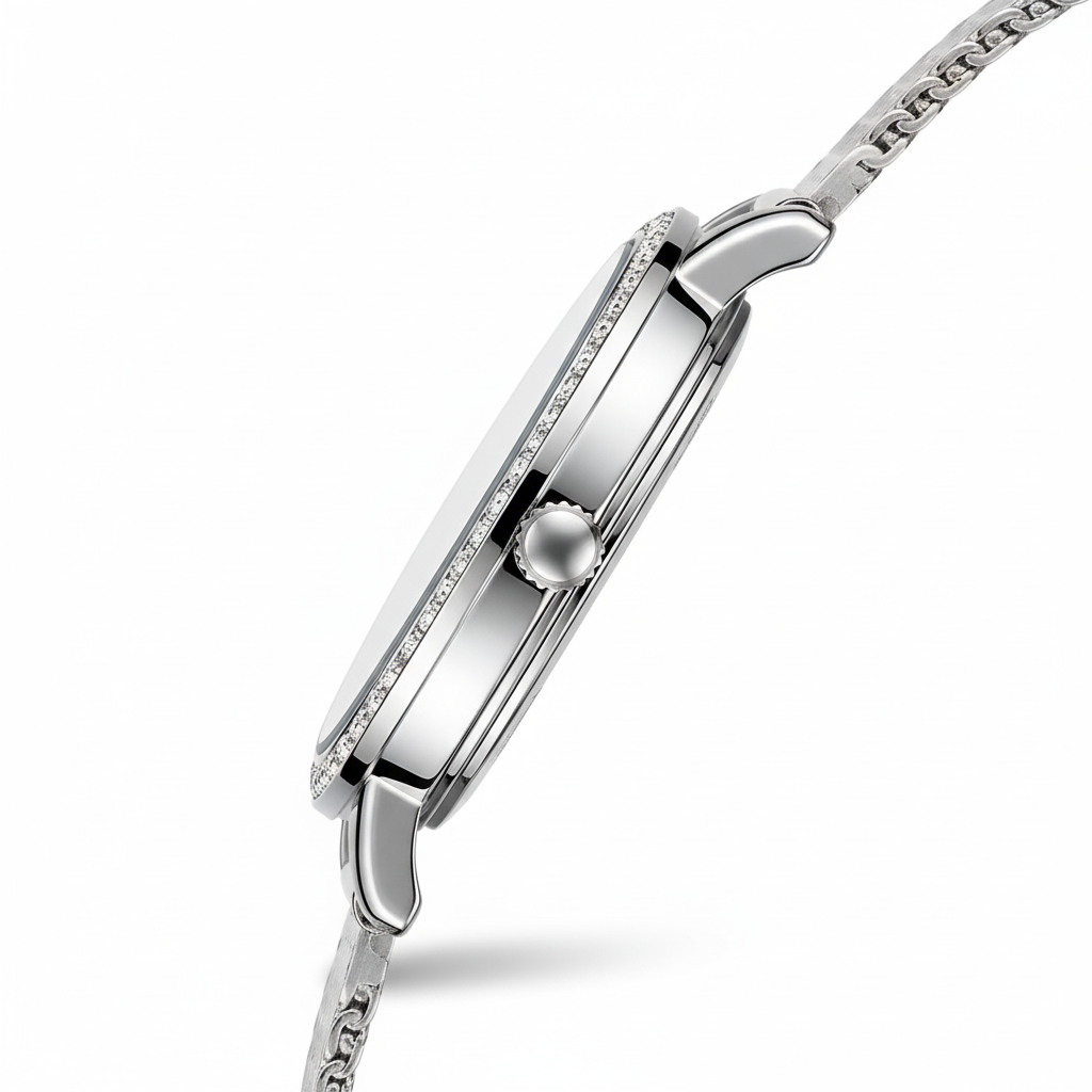 Silver watch with a detailed band on a white background