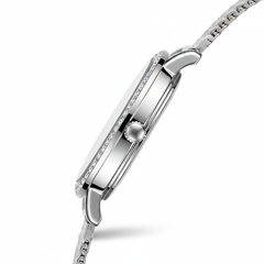 Silver watch with a detailed band on a white background