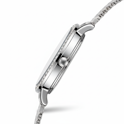 Silver watch with a detailed band on a white background