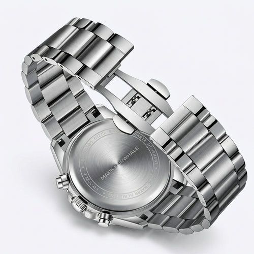 Silver watch with a detailed face on a white background