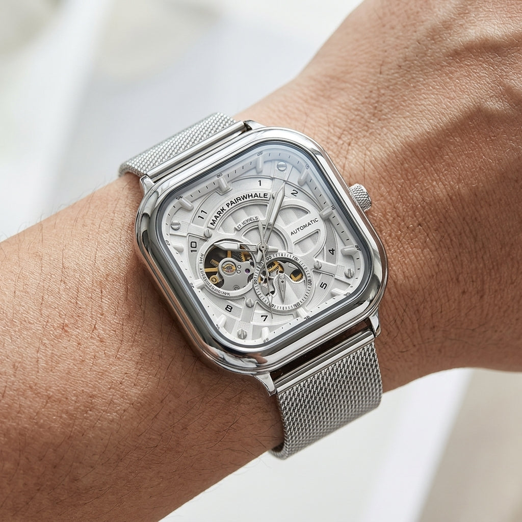 Silver watch with a detailed face on a wrist against a neutral background