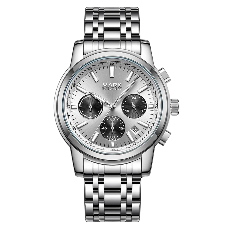 Silver watch with a detailed face on a white background