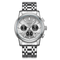 Silver watch with a detailed face on a white background