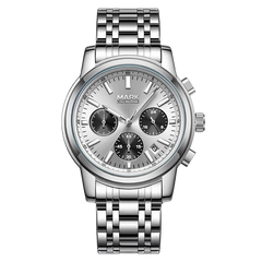 Silver watch with a detailed face on a white background