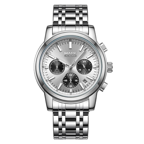 Silver watch with a detailed face on a white background