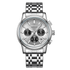 Silver watch with a detailed face on a white background