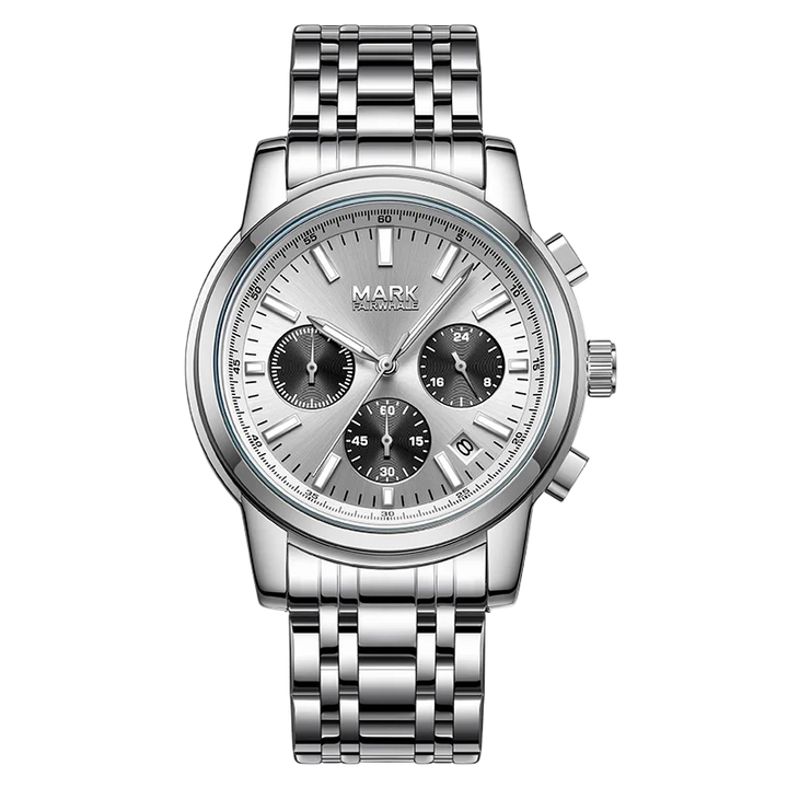 Silver watch with a detailed face on a white background