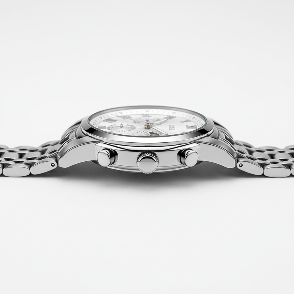 Silver watch with a detailed face on a white background