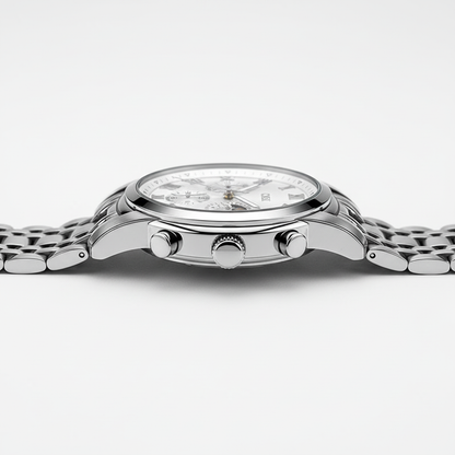 Silver watch with a detailed face on a white background