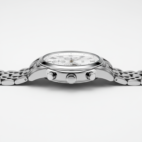 Silver watch with a detailed face on a white background