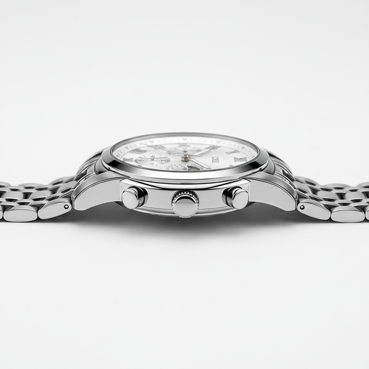 Silver watch with a detailed face on a white background