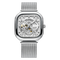 Silver watch with a detailed face on a white background