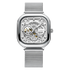 Silver watch with a detailed face on a white background