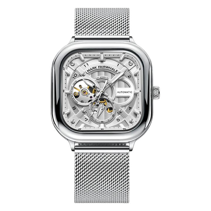 Silver watch with a detailed face on a white background