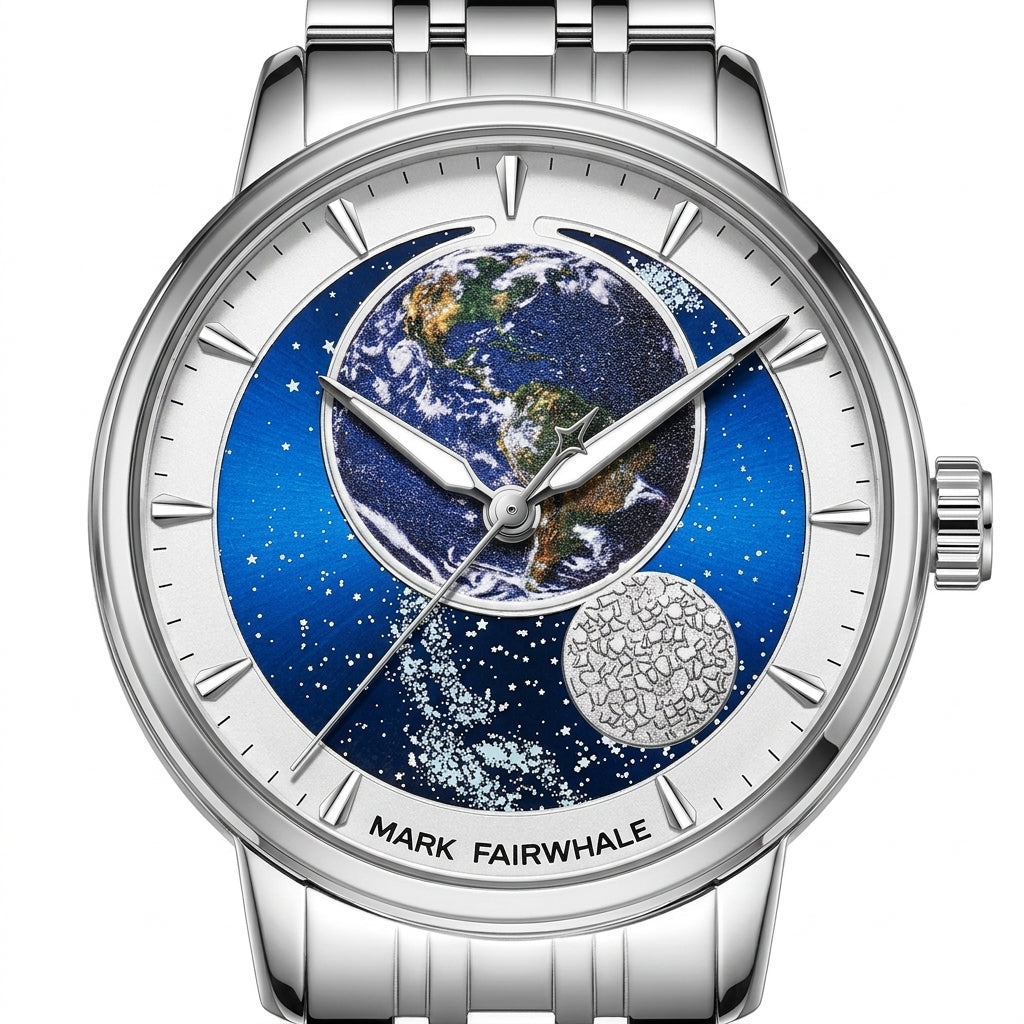 Silver watch with a detailed face featuring Earth and space design, brand 'Mark Fairwhale' visible.