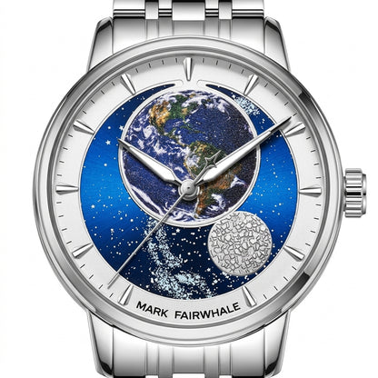 Silver watch with a detailed face featuring Earth and space design, brand &
