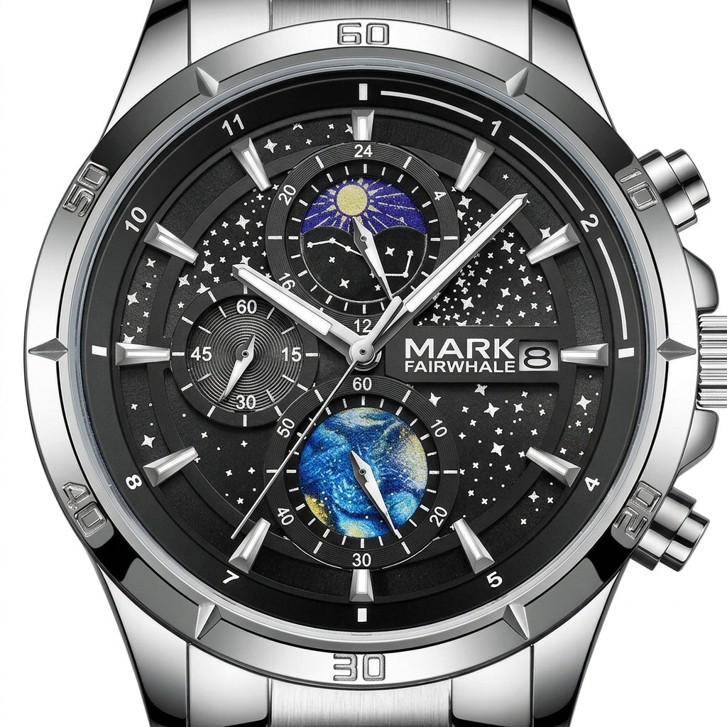Silver watch with a detailed face featuring starry night and moon phases, branded 'Mark Fairwhale'.