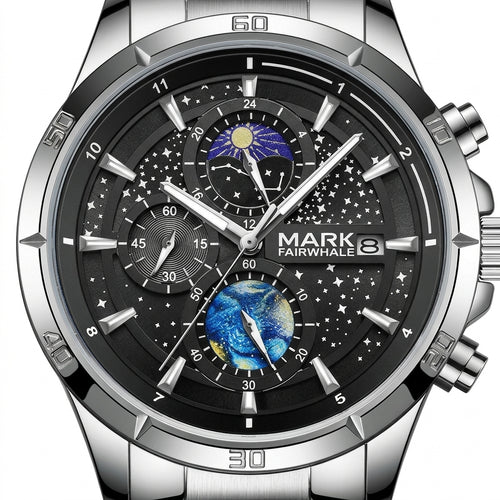 Silver watch with a detailed face featuring starry night and moon phases, branded &