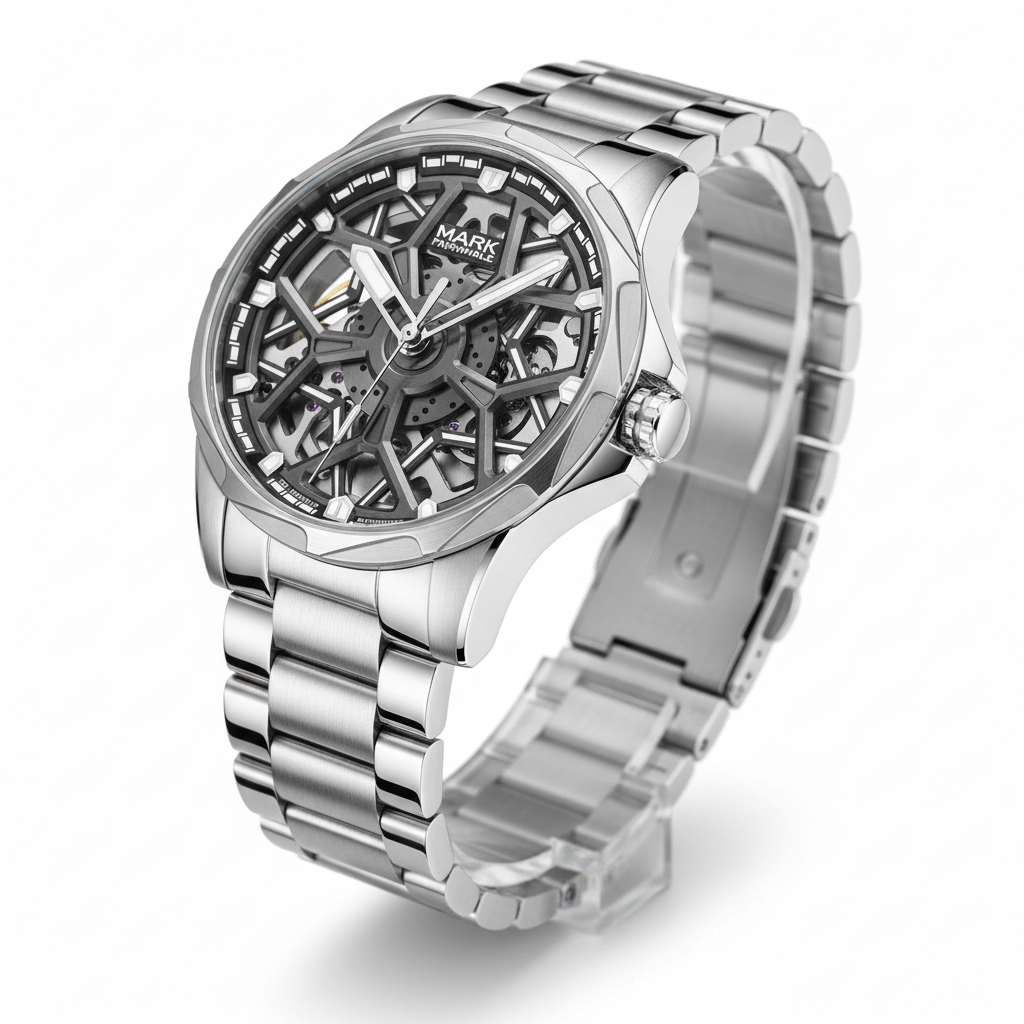 Silver watch with a detailed face on a white background